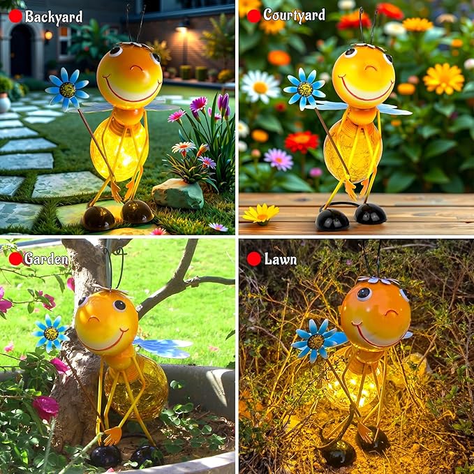 Solar Garden Statue Bee Decor,Outdoor Decorative Tabletop Lanterns,Outdoor Bee Figurines Decorations for Patio Yard Lawn Ornaments,Birthday Gifts for Mom Women Grandma-VerdiqueGarden