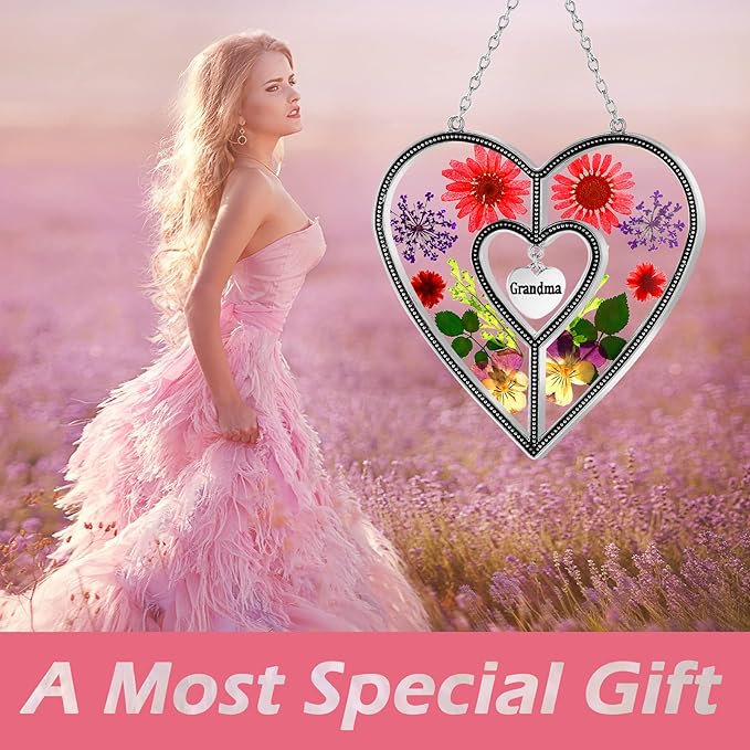 KY&BOSAM Suncatcher Stained Glass Grandma Heart Gifts for Women Mother`s Day Grandma Gift Gifts for Grandma from Daughter Son Indoor Decor Yard Decor for Mother Day Christmas Birthday Gift-VerdiqueGarden