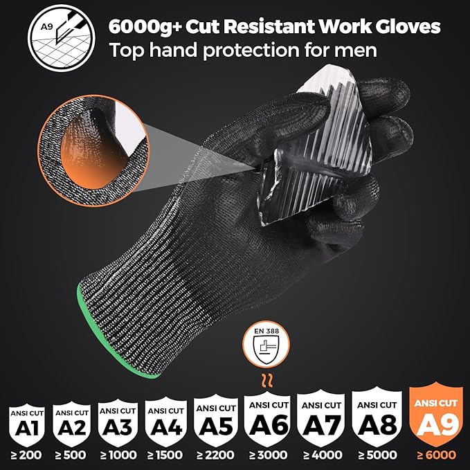 Donfri A9 Cut Resistant Work Gloves for Men - Steel + HPPE Hybrid Safety Gloves for Men, ANSI Cut Level 9 Protection Flexible for Metal Glass Wood Construction Fishing-VerdiqueGarden