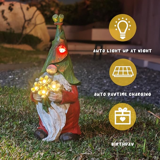 Garden Gnome Statue Outdoor Decor, Solar Garden Gnome Figurine Light, Resin Statues Sculpture for Patio Yard Lawn Outdoor Decorations-VerdiqueGarden