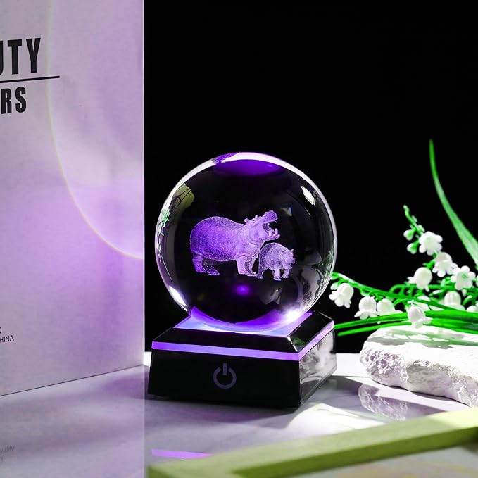 Qianwei Hippopotamus Gifts for Women 3D Crystal Ball 3.14'' - Laser Hippopotamus Decor Glass Animals Hippo Gifts Figurines Statue Stuff for Room Decorations Hippo Night Light-VerdiqueGarden