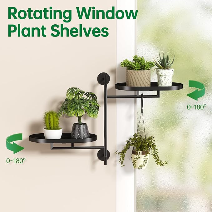 Rotating Window Plant Shelves for Multiple Plants Indoors,2-tier Metal Corner Black Plant Stand Holder Floating Plant Shelf for Wall，Windows Sill Gifts for Plant Lovers to Enhance Home Decor-VerdiqueGarden