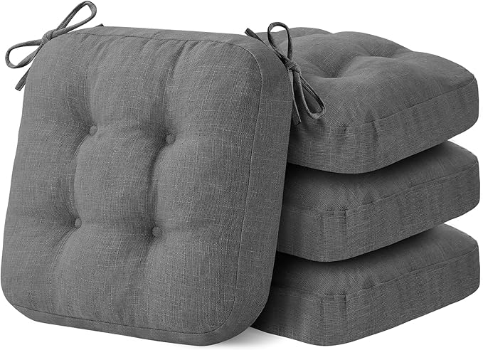 Chair Cushions for Dining Chairs, Dining Chair Cushions, Tufted Indoor Chair Pads with Ties & Non Slip Backing, Seat Cushions for Kitchen Chairs 16.5” x 16.5” x 3.5”, Set of 4, Grey-VerdiqueGarden
