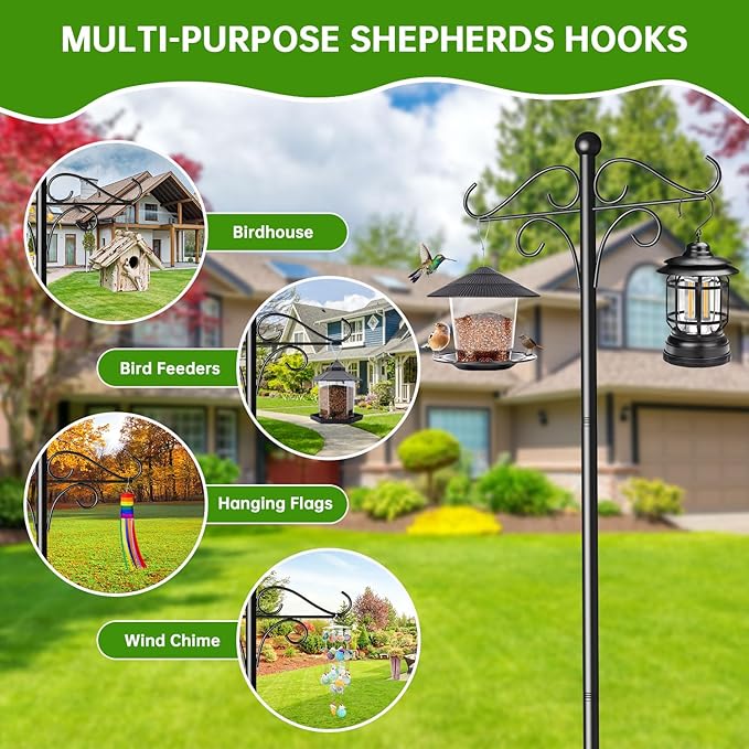 Shepherds Hooks for Outdoor, 2 Pack 108 Inch Heavy Duty Bird Feeder Pole with 5 Prongs Base, Adjustable Shepherds Hook for Hanging Birdhouses, Lanterns, Plant Baskets, Wind Chimes-VerdiqueGarden
