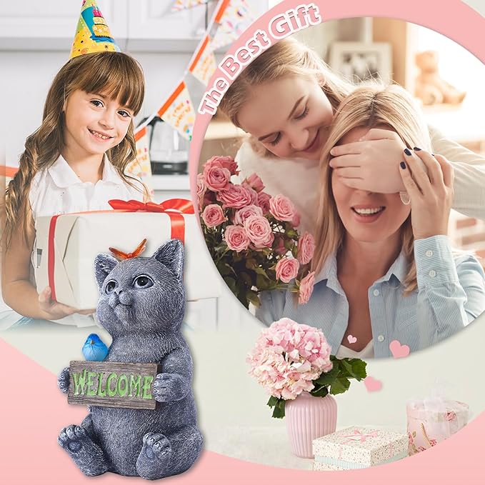 Goodeco Solar Cat with Welcome Sign - Outdoor Cat Statue with Solar Butterfly & Bird Lights - Perfect Cat Decor for Cat Lovers, Ideal Housewarming Gifts for Women & Moms (Gray)-VerdiqueGarden