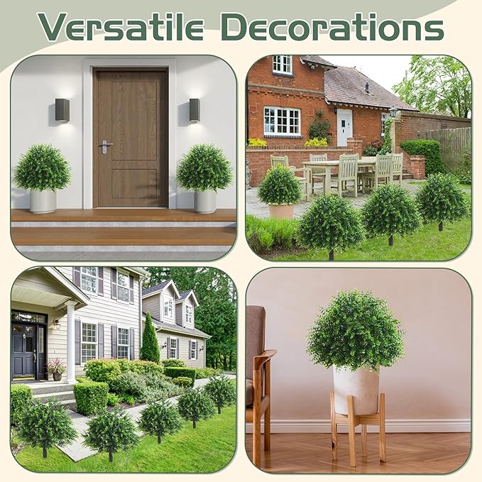 Yunlly 10 Pcs 18 Inch Artificial Boxwood Ball Topiary Tree Fake Outdoor Plants Bush, UV Resistance Faux Shrubs with Spike Realistic Greenery Potted for Indoor Garden Yard Porch Patio Decor (Green)-VerdiqueGarden