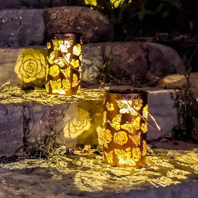 2 Pack Butterfly Solar Gardening Gifts Lanterns Decorative Outdoor, Flower Pattern Solar Hanging Lights Waterproof, Garden Decor Gifts for Women Mom Grandma, Yard Gifts for Patio, Pathway-VerdiqueGarden