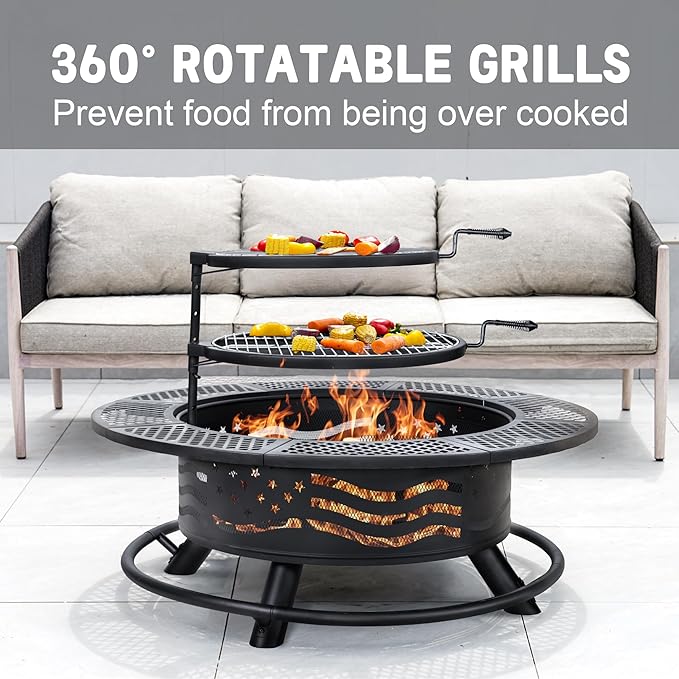 42 Inch Fire Pit with 2 Cooking Grates, Outdoor Wood Burning BBQ Grill Firepit Bowl with Cover Lid, Steel Round Table for Backyard Bonfire Patio Picnic (Black, 42)-VerdiqueGarden