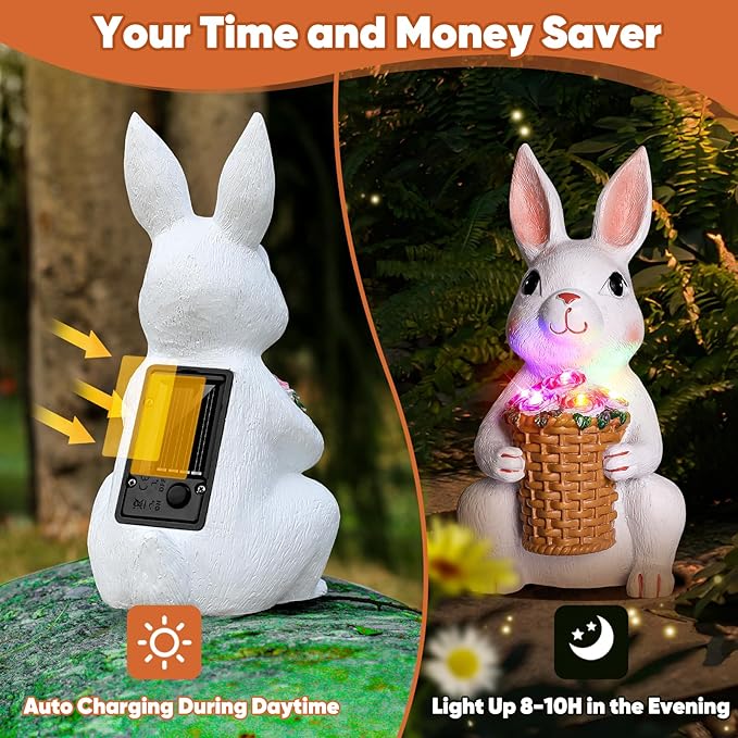 Brightever Solar Powered Garden Statues- Bunny Figurines for Spring & Easter Decor, Outdoor Rabbit Statue with Colorful LED Lights for Patio, Balcony, Lawn, Birthday Gifts for Women, Mom, Grandma-VerdiqueGarden