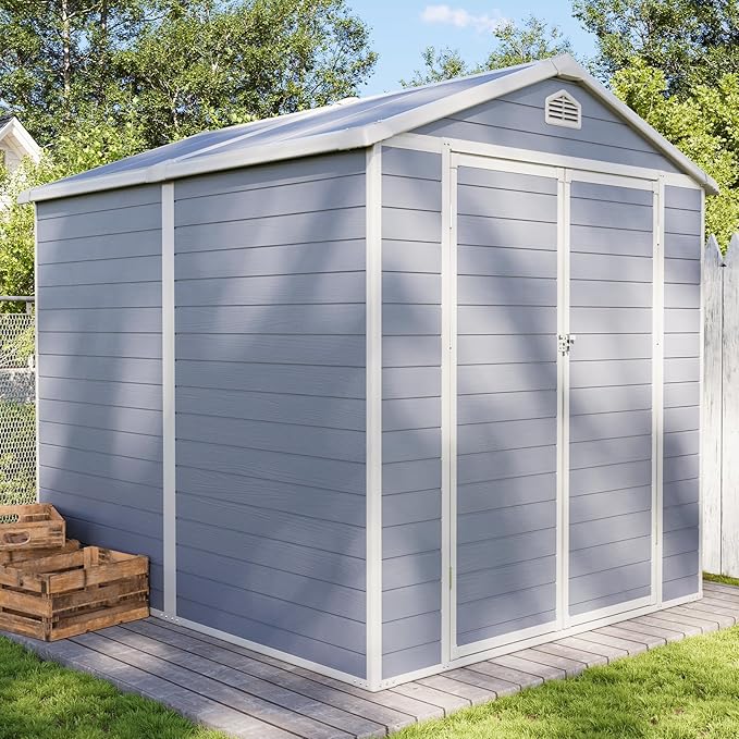 Aoxun 8 X 6.2 FT Resin Storage Shed Outdoor Plastic Large Garden Shed with Lockable Door, Floor for Backyard, Garden, Patio, Lawn, Grey (Grey, 8' x 6.2')-VerdiqueGarden