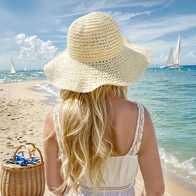 Floppy Big Beach Straw Hats for Women Foldable Summer Wide Brim Packable Sun Hat Womens Travel Straw Fedora Hat-VerdiqueGarden