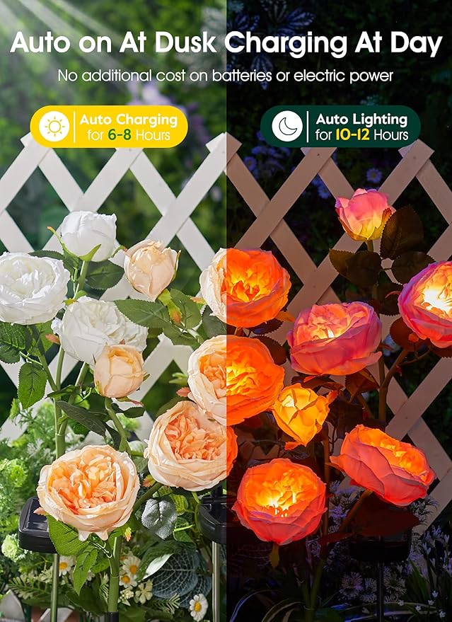 Brightown Solar Garden Lights - 4 Pack Solar Flowers Lights with Larger & More Realistic Austin Rose, Bigger Solar Panel, Solar Lights for Outside Waterproof for Yard Patio Garden Decoration-VerdiqueGarden