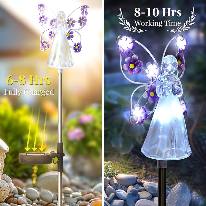 GIGALUMI Solar Angel Garden Stake Lights - 4 Pack Angel Solar Lights Outdoor Garden, Eternal Light Angel with 7 LEDs for Cemetery Grave Decorations, Memorial Gift, Christmas Yard Art, Sympathy Gift-VerdiqueGarden