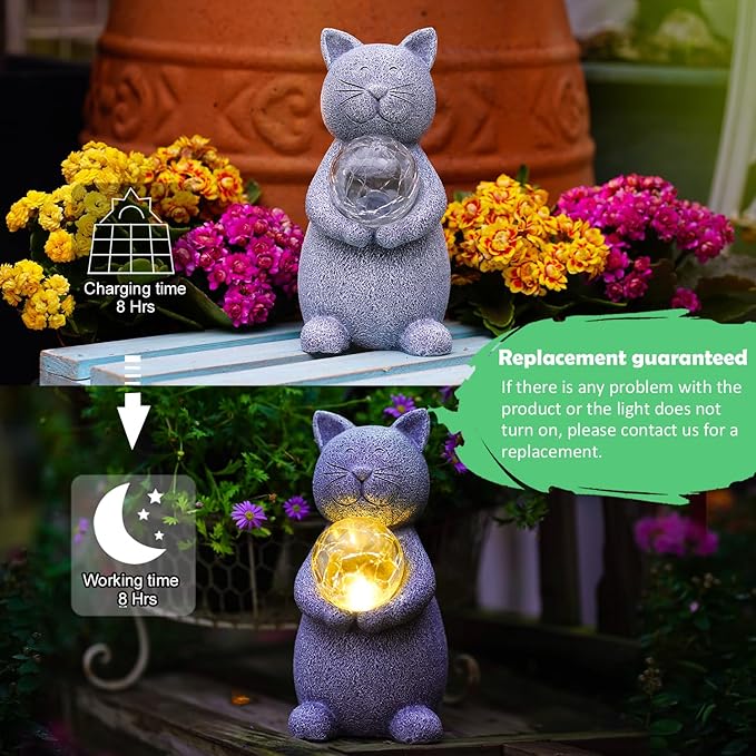 Solar Cat Statue - Garden Decor with LED Lights, Perfect for Mom or Grandma (Gray Cat)-VerdiqueGarden
