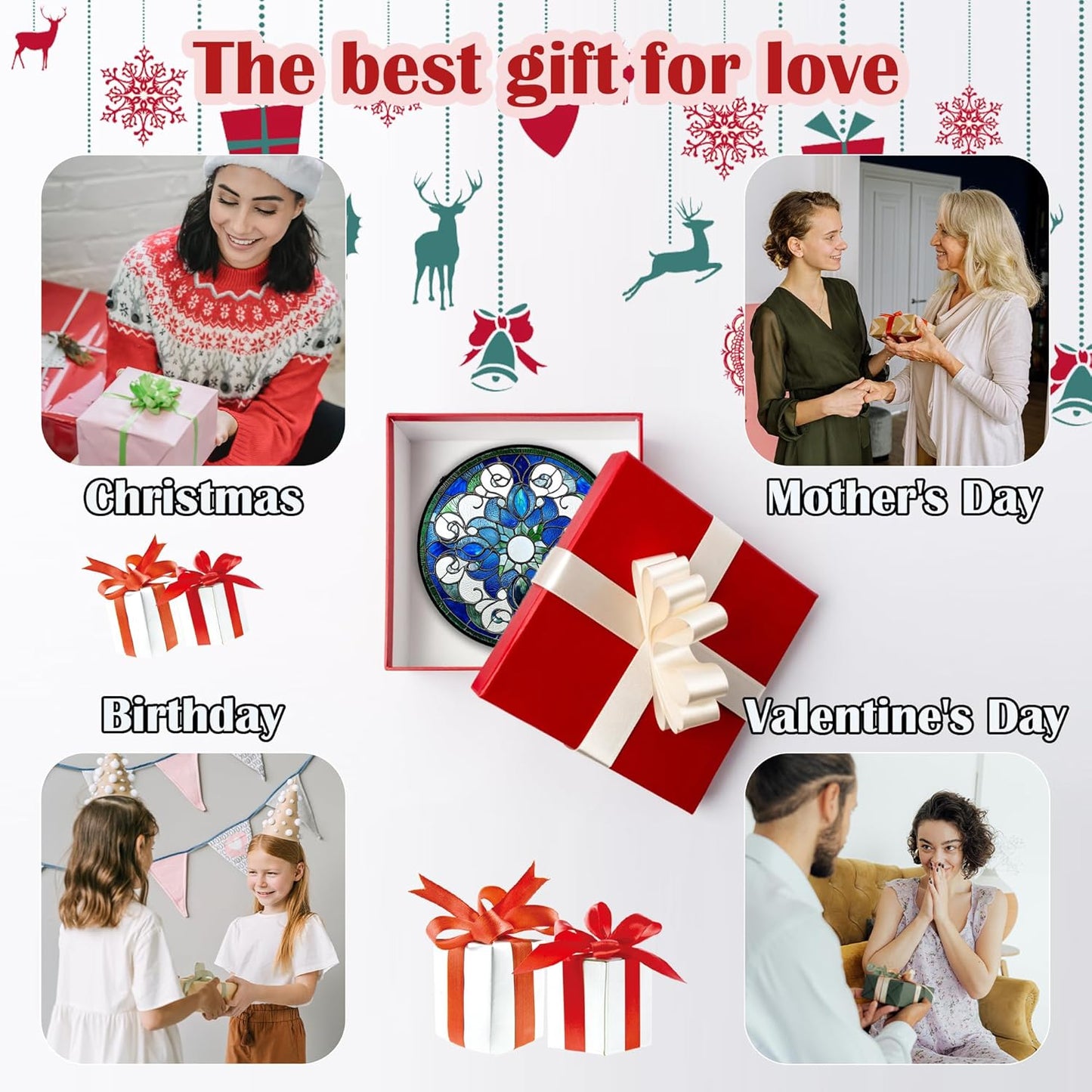 Stained Glass Window Hanging, Boho Style Sun Catchers Diamond Glass Panel Hangings Tiffany Suncatcher Decor for Birthday for Women, Men, Wife, Aunt, and Mom 11.8x11.8 in-VerdiqueGarden