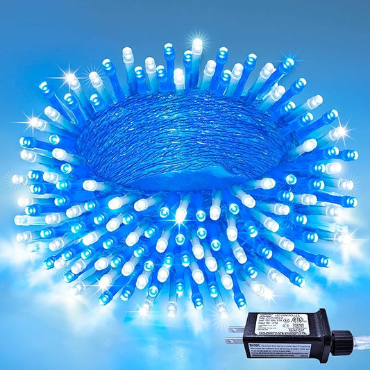 JMEXSUSS Connectable Blue and White Christmas Lights, 8 Modes 100 LED Twinkle String Lights Indoor, Clear Wire Plug-in Christmas String Lights Outdoor Waterproof-VerdiqueGarden