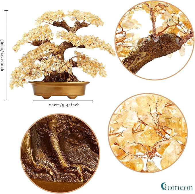 Feng Shui Money Tree Large Pine Tree Style Crystal Quartz Lucky Tree Gem Tree for Office Home Feng Shui Decoration for Wealth/Fortune and Luck (Yellow)-VerdiqueGarden