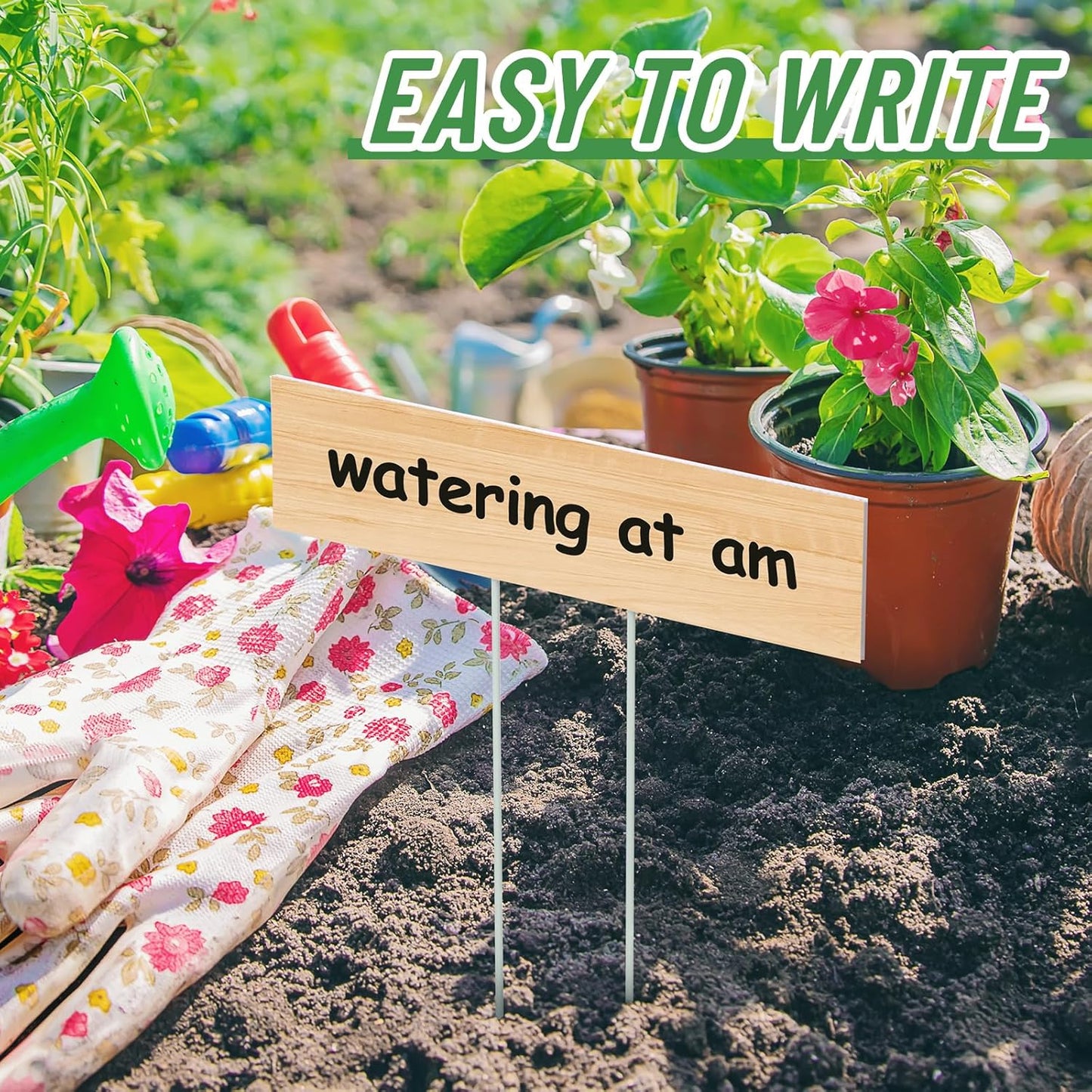 10 Set Jumbo Outdoor Plant Label Stakes Waterproof Nursery Garden Markers Plastic T Type Plant Tag Identification Stake with Marker Pen for Herb Vegetable Flowers, 12" High(Wood Color)-VerdiqueGarden