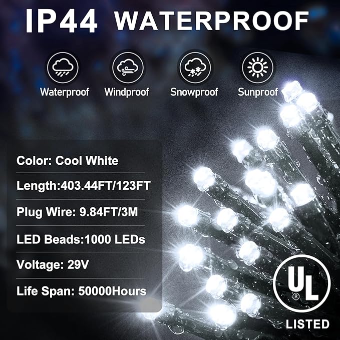 KNONEW 403FT 1000 LED Christmas Lights Outdoor String Light 8 Modes & Timer Fairy Lighting Plug in Waterproof for Xmas Yard Tree Wedding Party Holiday Decorations (Cool White)-VerdiqueGarden