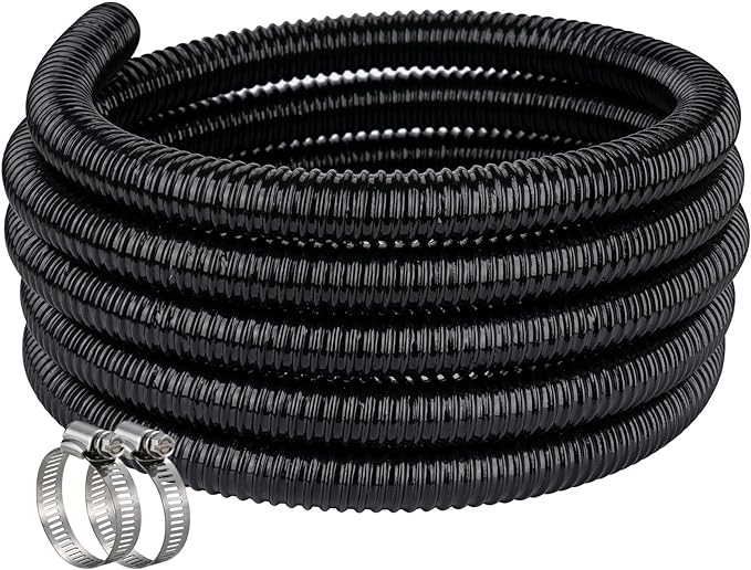 Pond Hose ID 1-1/2” × 10ft Black Corrugated Flexible Reinforced PVC Hose Vinyl Tubing for Pond Pump Fountain Garden Waterfall, Non-toxic & Kinkproof, with 2 clamps, 1.5 in 38mm id-VerdiqueGarden