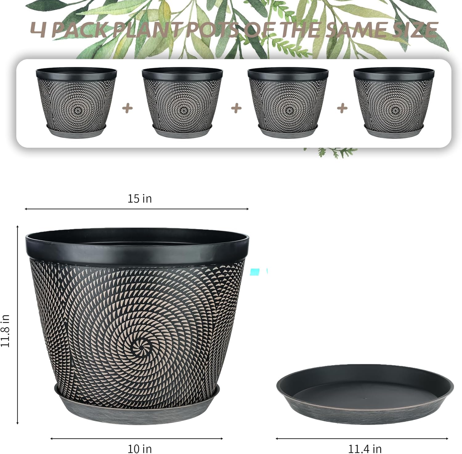 Quarut 15 Inch 4 Pack Large Plant Pots, Plastic Flower Pot for Indoor & Outdoor with Drainage Holes & Saucer, Circle Pattern Planters Garden Pots for Herbs-VerdiqueGarden