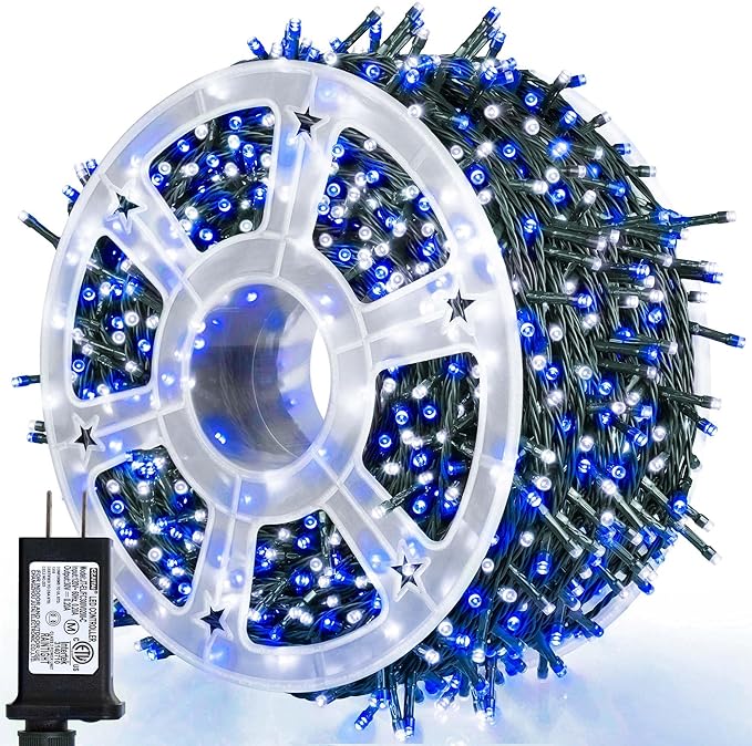 164ft 500 LED Blue White Christmas Lights Outdoor,8 Modes String Light Indoor Bedroom,Clear Wire Twinkle Lights Plug in for Christmas Outside Tree Yard Wedding Decorations(164FT,Blue&White)-VerdiqueGarden