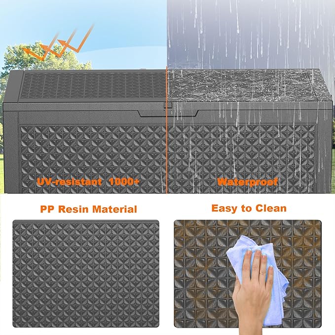 100 Gallon Waterproof Outdoor Storage Box,Resin Deck Box,Lockable Outside Storage Box Container for Patio Furniure,Garden,Pool Tools (100 Gallon,Black pattern)-VerdiqueGarden