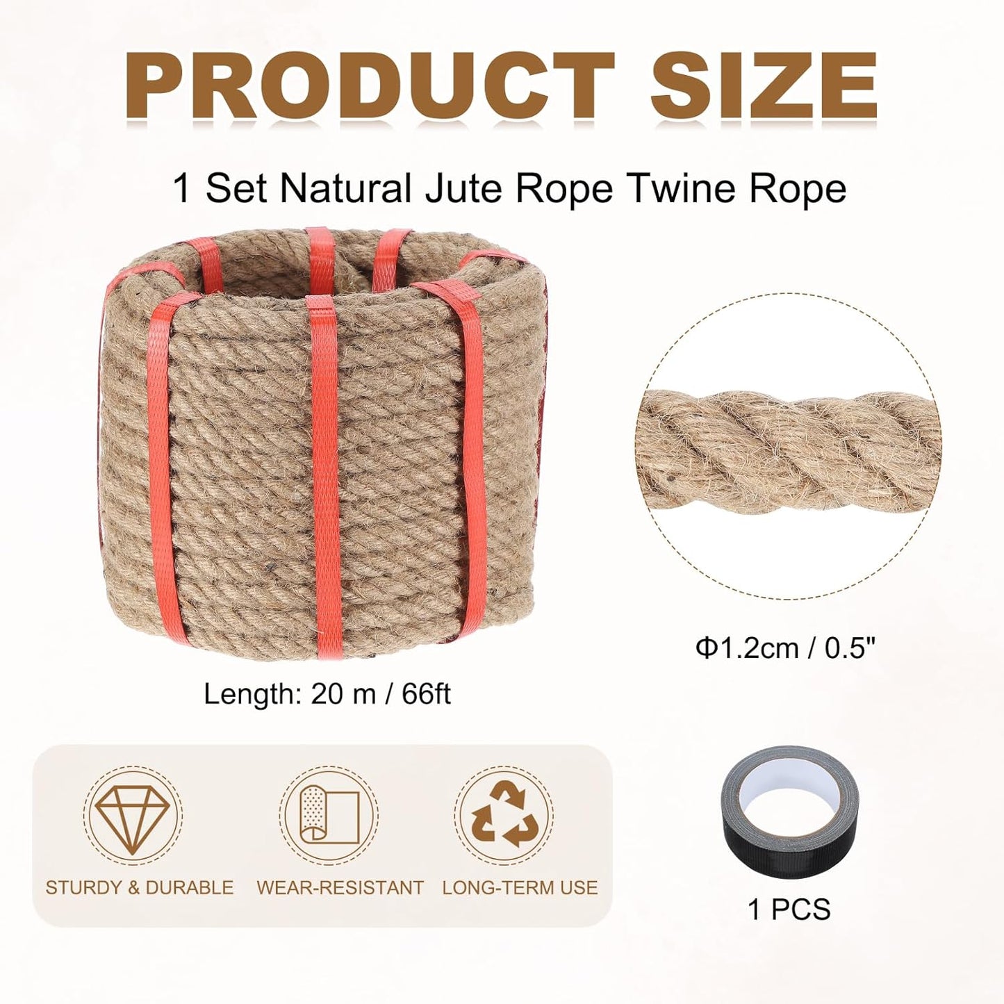 MECCANIXITY Jute Rope 0.5 Inch x 66ft, Thick Twine Rope Ropes Braided Jute Twine Natural Brown Burlap Cord String Heavy Twisted with Tape for Decorative Crafts Railing Swing Tug of War-VerdiqueGarden
