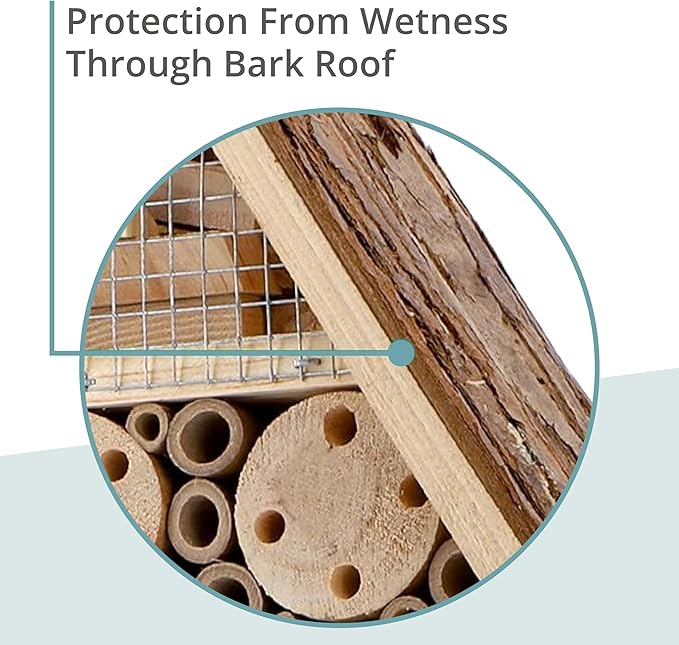 I Large Insect Hotel with bark roof Natural, Weatherproof, Insect House Made of Natural Wood for Bees, Ladybugs, lacewings, Butterflies, bee Hotel, Nesting aid for Hanging-VerdiqueGarden