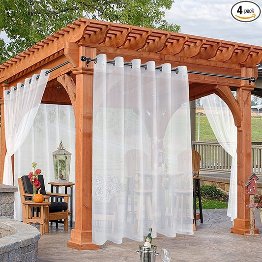 HolidayIdeas White Outdoor Sheer Curtains for Patio Waterproof, 4 Panels - 100 x 95 Inch - Extra Wide Voile Outside Curtains Light Filtering Grommet Drapes for Front Porch, Gazebo, Pergola, Backyard-VerdiqueGarden