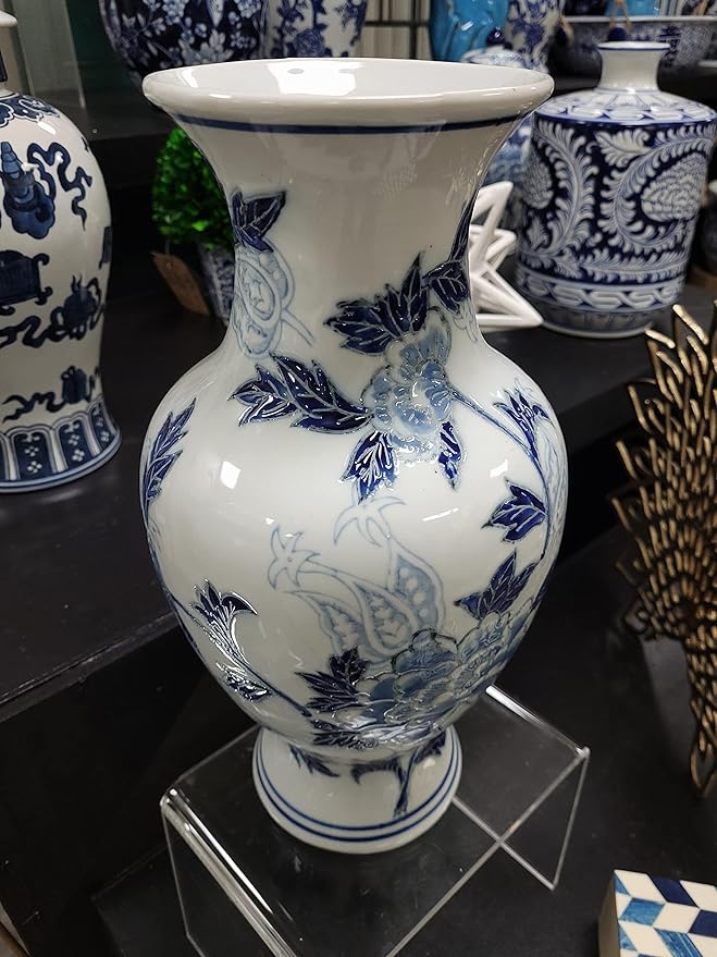 Galt International Blue and White Floral Chinoiserie Ceramic Vase 14" - Hand Painted Antique Style Porcelain Flower Bottle Fishtail Porcelain Chinese Vase for Home Decor Centerpiece-VerdiqueGarden