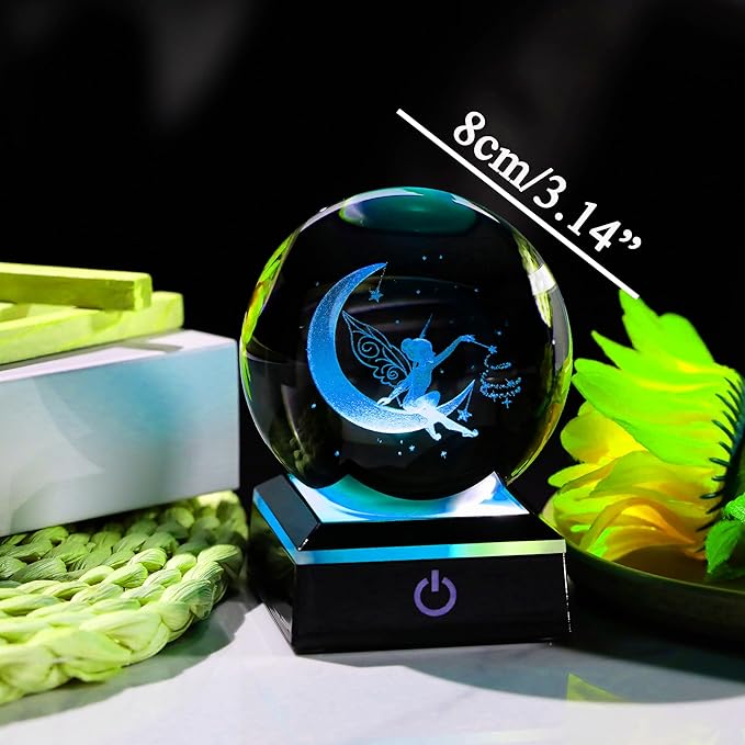 Qianwei Moon Fairy 3D Crystal Ball Laser Engraved Fairy Glass Ball Fairy Night Light Decorative Globes 3D Crystal Moon Sphere Fairy Gifts for Girl Her Fairy Lover-VerdiqueGarden