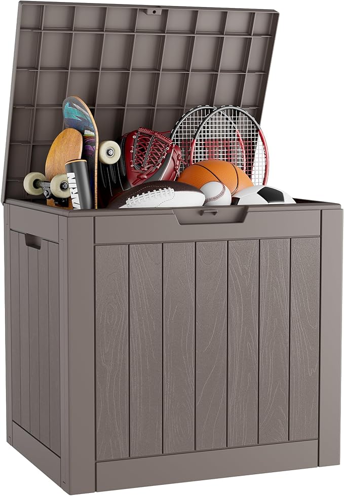 KAMABOKO Deck Box, 32 Gallon Resin Indoor and Outdoor Storage Boxes Waterproof for Garden Tools, Pool Accessories Storage Bench, Patio Furniture and Cushions with Lockable Lid, Grey-VerdiqueGarden