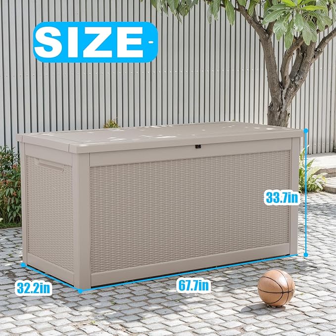260 Gallon Large Resin Deck Box, Lockable Outdoor Storage Box for Patio Cushions Storage Furniture,Garden Tools, Pool Supplies, Weatherproof and UV Resistant- Grey Rattan (260 Gallon)-VerdiqueGarden