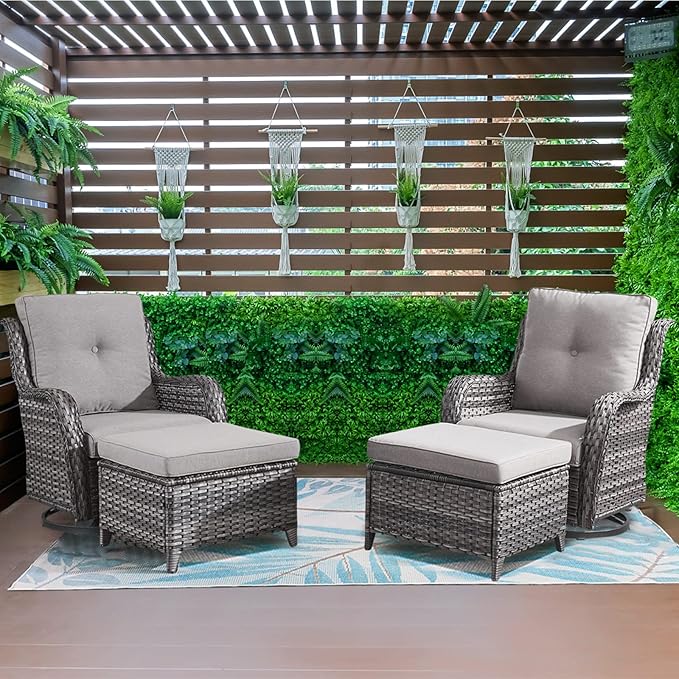 Wicker Outdoor Furniture Patio Furniture Set - 6 Piece Patio Conversation Set with Swivel Rocker Chairs, Loveseat Sofa, Ottomans and Coffee Table, Gray Cushion-VerdiqueGarden