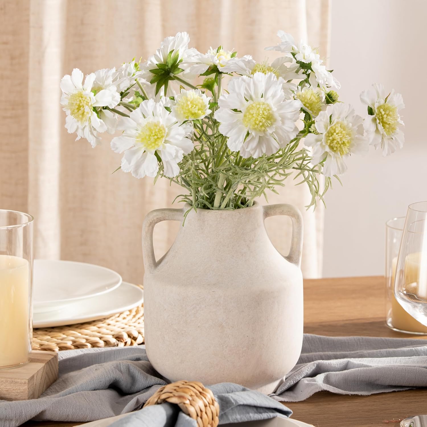 Mitt&Ditt Ceramic Flower Vase with Handles, 8 inch Tall Off-White Vase, Decorative Terracotta Vases, Farmhouse Rustic Pottery Vases for Home Decor, Living Room, Table-VerdiqueGarden