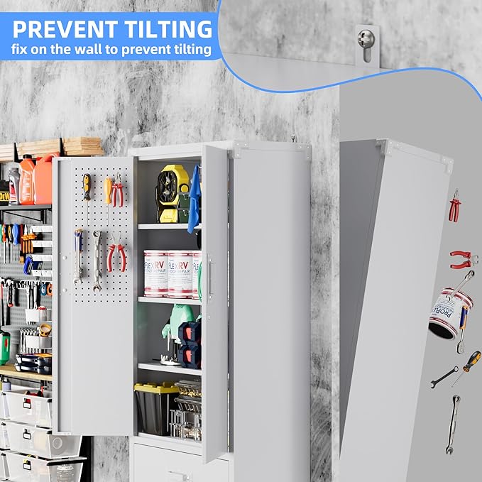 Upgraded Metal Garage Storage Cabinet with Wheels and 2 Drawers, Rolling Tool Cabinet with 3 Shelves and Pegboard Behind The Door for Home Office Garage,Assembly Required,White-VerdiqueGarden