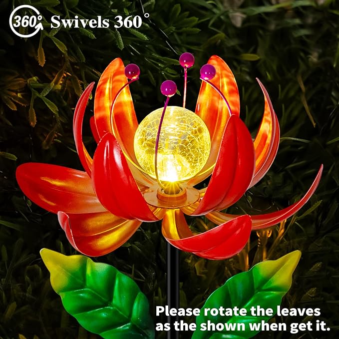 Solar Lights Outdoor Garden Decor, Solar Wind Spinner Yard Decorations for Outside, Lotus Windmill Pathway Lights with LED Cracked Crystal Ball Waterproof Flower Sculpture for Patio Lawn Garden Gifts-VerdiqueGarden