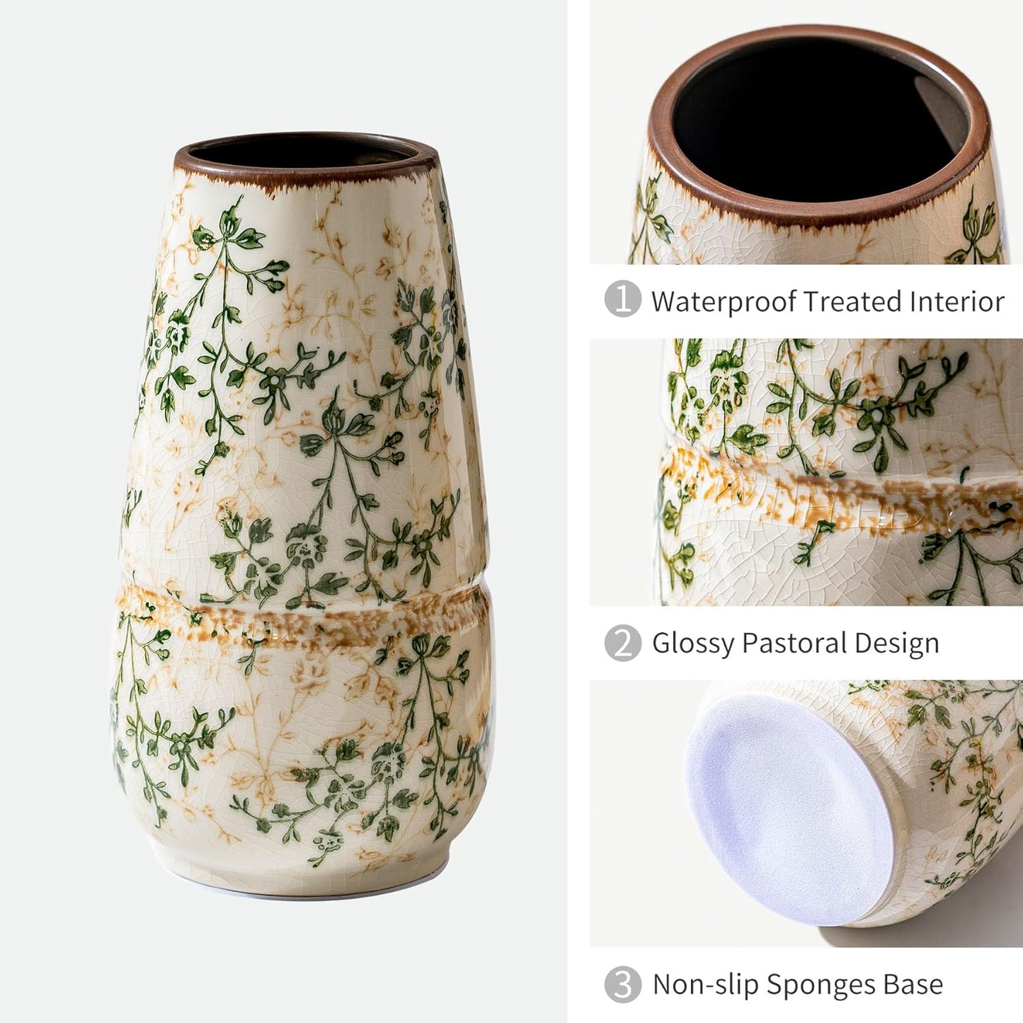 Vintage Green and Beige Vase, Large Round Ceramic Floral Vases, Retro Ice Cracked Chinoiserie Vase for Home Decor, Living Room, Bookshelf, Office, Bedroom and Shelf, Rustic Table Centerpiece 10 Inch-VerdiqueGarden