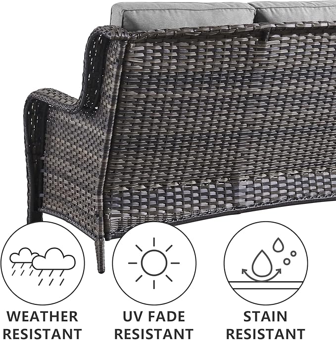 5 Piece Outdoor Patio Furniture Set - Wicker Furniture Patio Conversation Set, Outdoor Swivel Rocker Chairs with 3-Seater Sofa and 2 Ottomans for Small Space, Gray Cushion-VerdiqueGarden