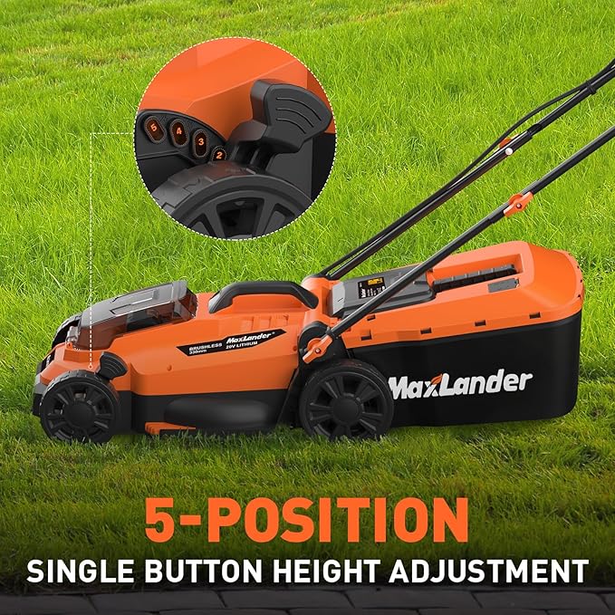 Maxlander Lawn Mowers, 13Inch Electric Lawn Mower Cordless, 20V 2-in-1 Battery Powered Lawn Mower with Brushless Motor, 5-Position Height Adjustment, Battery and Charger Included-VerdiqueGarden