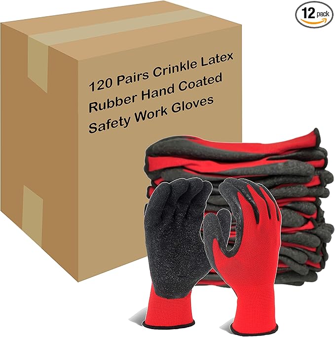 Evridwear Crinkle Latex Rubber Hand Coated Safety Work Gloves for Men Women General Multi Use Construction Warehouse Gardening Assembly Landscaping (L-Size) Red 120 Pairs Pack-VerdiqueGarden