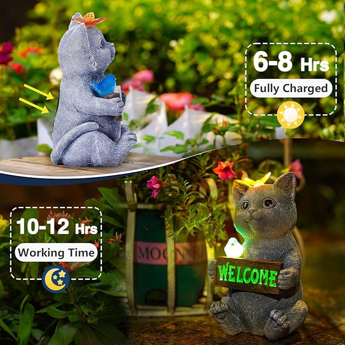 Solar Cat Figurine Garden Statues : Outside Welcome Cat Statue with Butterfly for Garden Decor and Yard Decorations - Unique Gifts for Women and Mom-VerdiqueGarden