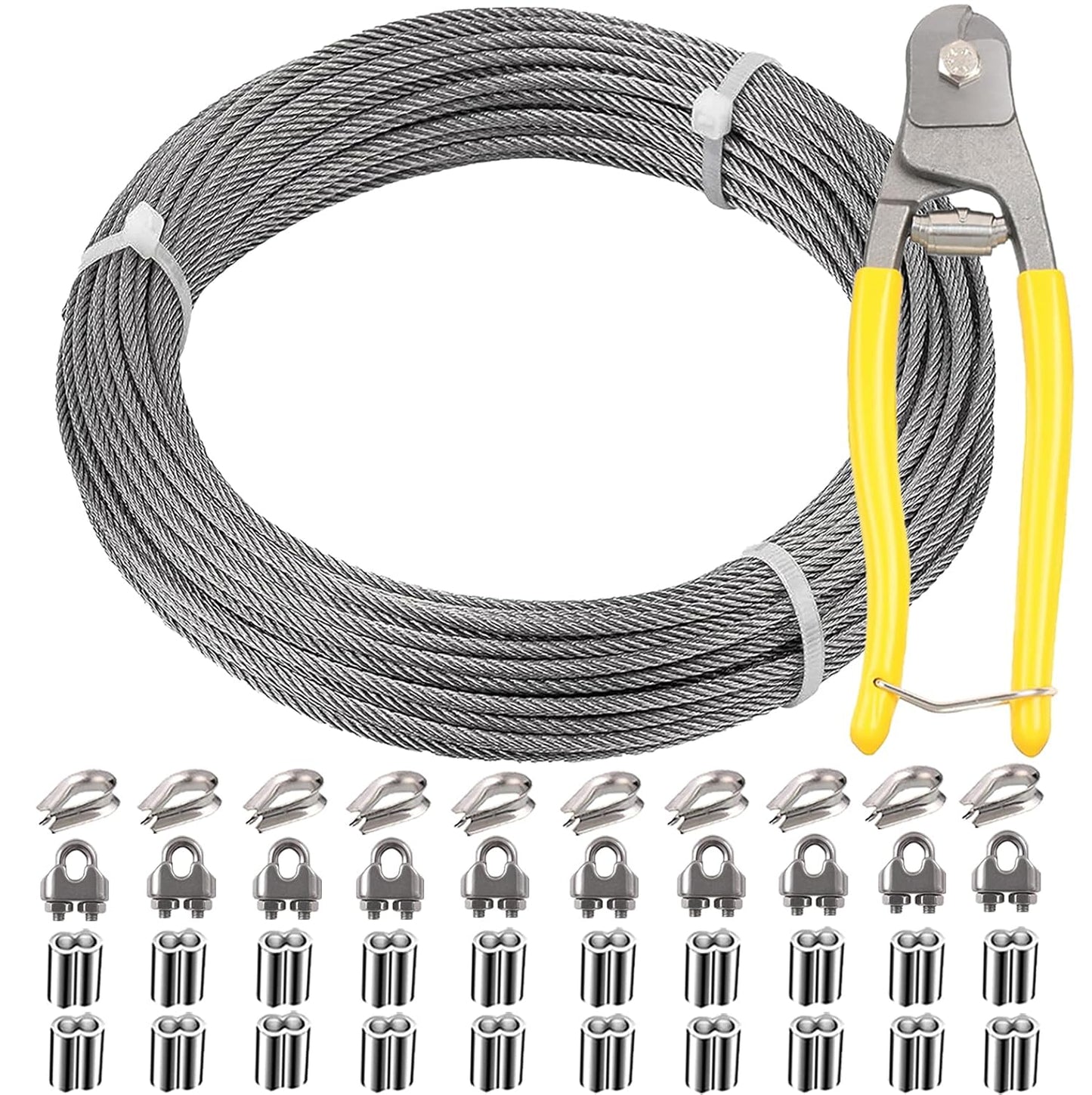 1/8 Inch Stainless Steel Wire Rope Kit, 7x7 Strands, 100 ft Length, With Cable Cutters, Sleeves, Thimbles, Clips, For Climbing Plants, Deck Railing, Fencing, Outdoor Hanging-VerdiqueGarden