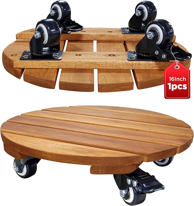 Idzo 16inches Capacity 500lbs Wood Plant Caddy With Wheels Heavy Duty, Acacia Hardwood Plant Dolly, Plant Stand with 360° Lockable Wheels for Plant Pots, Heavy Objects Hauling - Natural Wood-VerdiqueGarden