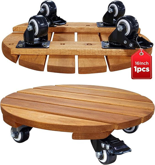 Idzo 16inches Capacity 500lbs Wood Plant Caddy With Wheels Heavy Duty, Acacia Hardwood Plant Dolly, Plant Stand with 360° Lockable Wheels for Plant Pots, Heavy Objects Hauling - Natural Wood-VerdiqueGarden