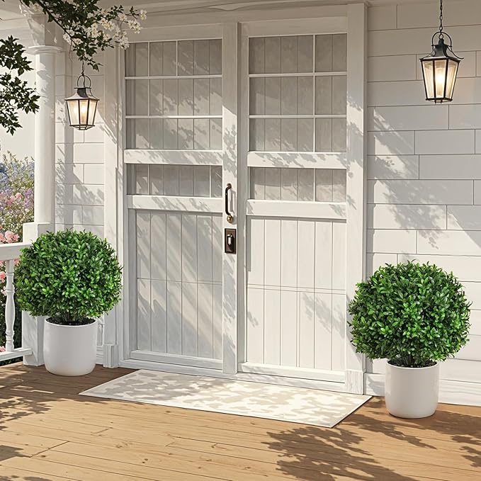 Artificial Olive Leaf Boxwood Topiary Ball Trees, Set of 2 UV Resistant 16in Outdoor Plants – Artificial Bonsai, Miniature Trees, Garden, Curb Appeal-VerdiqueGarden