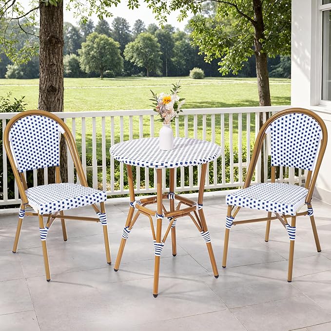 3 Piece French Wicker Bistro Set, Patio Bistro Set with Table and 2 Dining Chairs, All Weather ‎Outdoor ‎Bistro Set with Aluminum Frame, Outdoor Patio Set for Patio Porch Cafes Yard, Navy and White-VerdiqueGarden