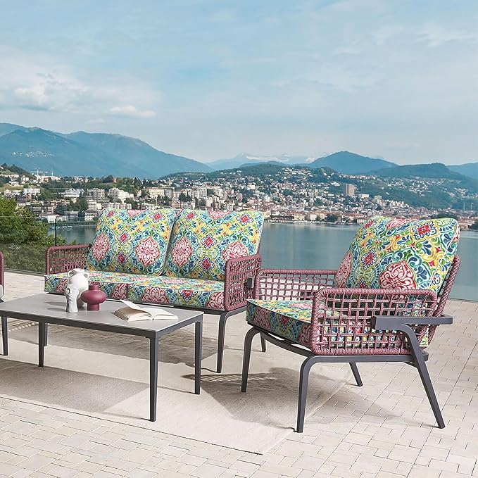 LVTXIII Outdoor Deep Seat Cushion Patio Seat and Back Cushion Set Seasonal Chair Cushion for Dining Arm Chairs, Wicker Chairs and Garden Furniture Decoration, 22"x22"x4", Damask Red-VerdiqueGarden