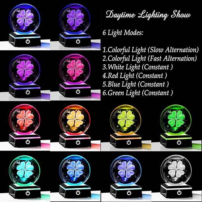 Qianwei 3D Four Leaf Clover 80mm Crystal Ball Good Luck Gifts Ideas with Multicolor Lighting Base - Irish Gifts for Women Decor 4 Leaf Clover-VerdiqueGarden